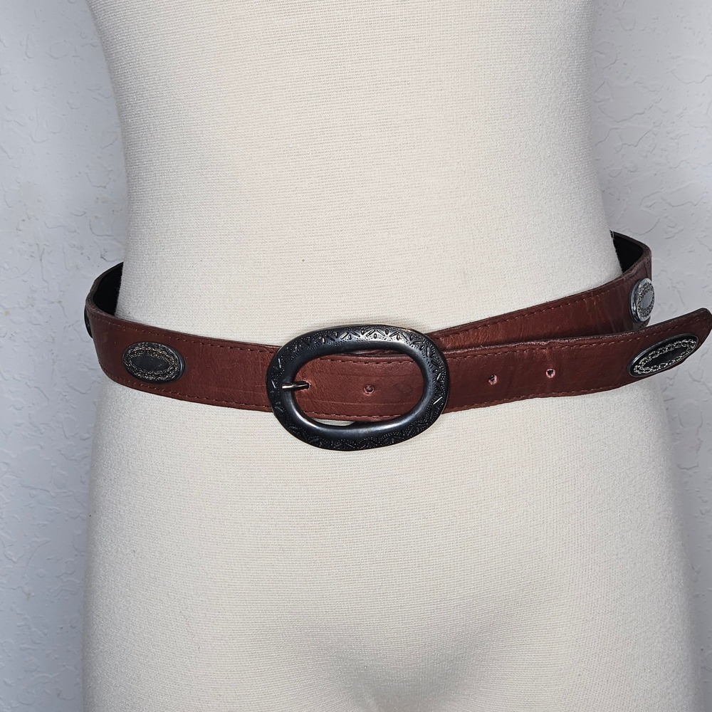 First Issue Leather Belt Brown Oval Buckle Western Concho Made USA Size Large